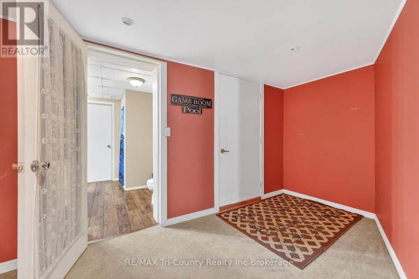 Game room area with patterned rug and toilet visible through doorway - 568 7th Concession Enr Road Norfolk