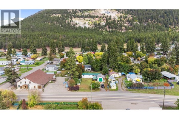 Aerial view of residential area with mobile homes, houses, trees, and mountains. - 5694 97 Highway, Falkland