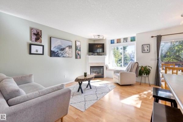 Living room with a grey sofa, white rug, fireplace, and a window seat overlooking trees. - #57 133 Eastgate Wy, St  Albert