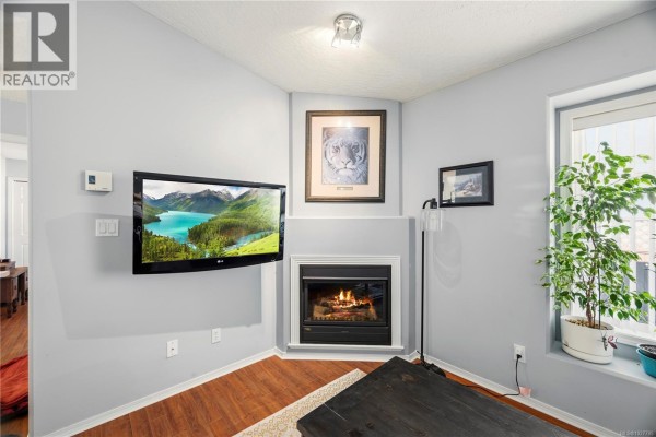 Close-up of living room with fireplace, wall art, and large window - 57 7570 Tetayut Rd, Central Saanich