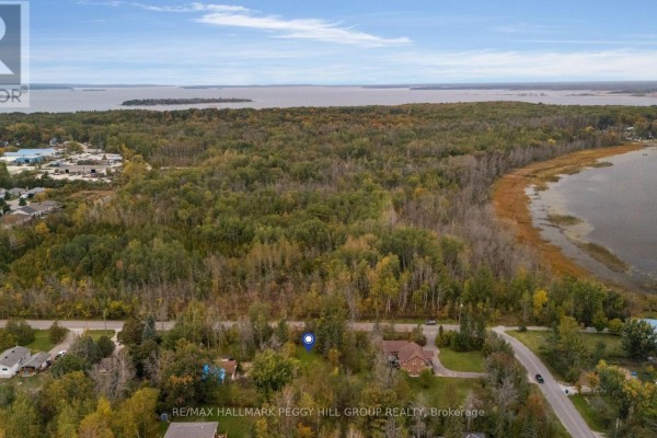 Panoramic aerial view shows a forested landscape with a large body of water to the right. - 57 Bass Bay Drive, Tay
