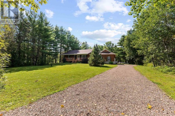 Long gravel driveway leading to a secluded brown wood bungalow surrounded by trees. - 57 Krause Street, Laurentian Valley