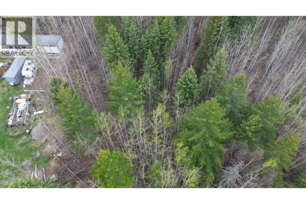 Aerial view of a partially cleared lot with mixed trees, showing a few structures and debris on the left. - 570 Marsh Road, Quesnel