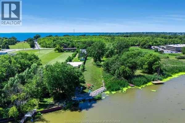 Aerial view showing waterfront property with houses, trees, and a body of water. - 574 Bevel Line, Leamington
