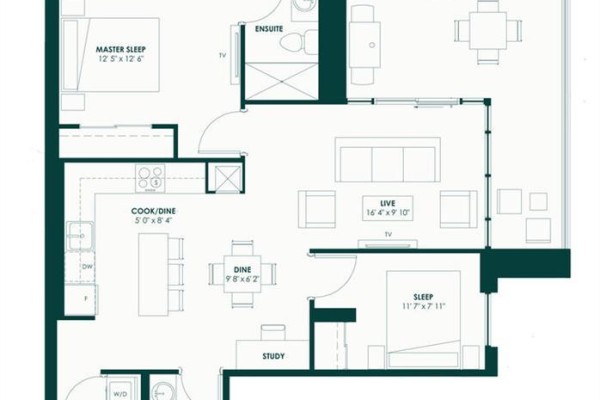 Floor plan for a two-bedroom apartment with labeled kitchen, dining, living, and study areas. - 575 Conklin Road Unit# 901, Brantford