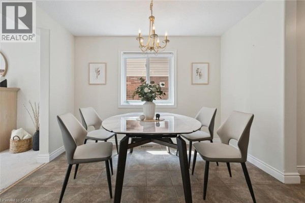 Dining room with oval table, upholstered chairs, and window overlooking backyard. - 575 Violet Street, Waterloo