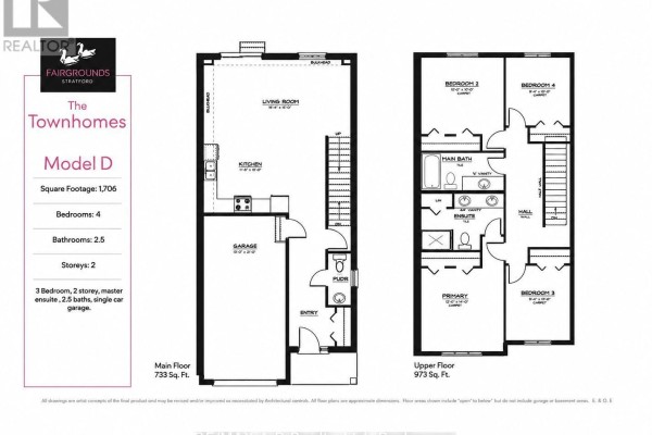 Floor plans for a two-storey townhouse, showing main floor living, kitchen, and garage, and upper floor bedrooms and bathrooms. - 58 Fergusson Way, Stratford