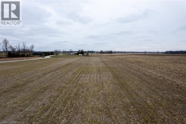 View of cultivated fields stretching towards a cluster of buildings under a cloudy sky. - 58 Tenth Concession Road, Burford