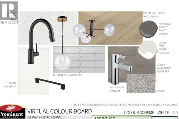 Virtual color board showing kitchen and bathroom finishes like white cabinetry, quartz countertops, and vinyl plank flooring. - 58 Waterford Mews, Chestermere