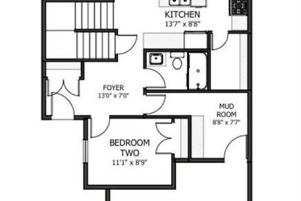 Main floor plan with foyer, bedroom two, mudroom, and kitchen area. - 58 Waterford Mews, Chestermere
