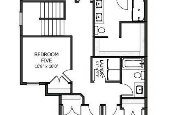 Upper floor plan showing bedroom five, laundry room, bathroom, and linen closet. - 58 Waterford Mews, Chestermere