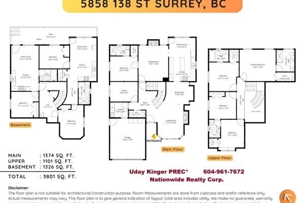 Floor plans for the basement, main floor, and upper floor of a house, showing room layouts and dimensions. - 5858 138 Street, Surrey