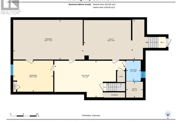 Basement floor plan of a bungalow showing rooms and dimensions. - 5862 Highway 6, Linden