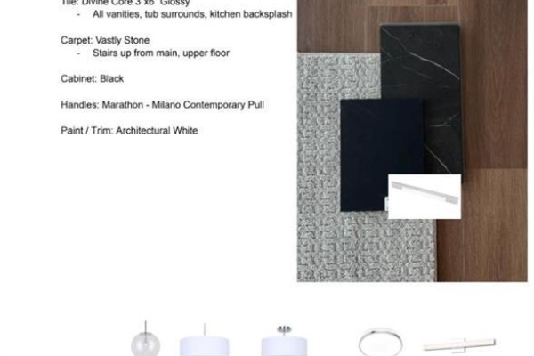Interior design samples including black cabinets, white paint, and grey textured carpet. - 588 Lewisburg Place Ne, Calgary