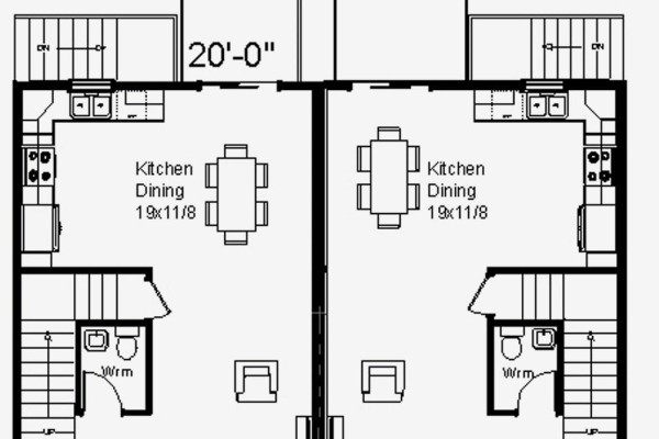 Main floor plan showing two mirrored units with kitchens, dining areas, and half baths. - 59 Hickory Place, Conception Bay South