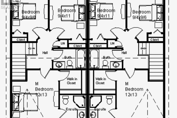 Second floor plan with four bedrooms, two bathrooms, and linen closets in each unit. - 59 Hickory Place, Conception Bay South