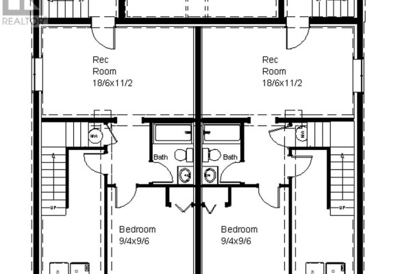 Basement floor plan with two recreation rooms and two bedrooms, each unit has a bathroom. - 59 Hickory Place, Conception Bay South
