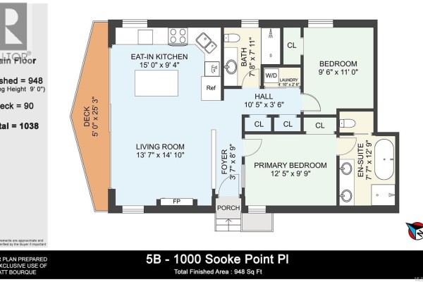 Entrance to an apartment with a dark front door and ocean view to the left. - 5b 1000 Sookepoint Pl, Sooke