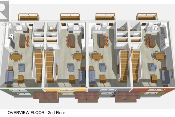 3D overview of the second floor of apartment units, showing bedrooms and bathrooms. - 6 Chow Place, Grand Falls Windsor