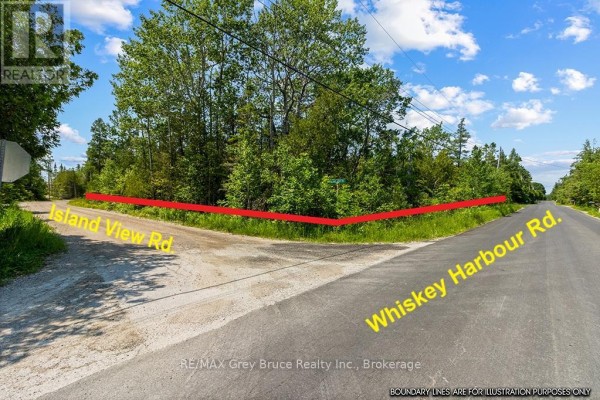 Corner lot with red outline, showing Island View Road and Whiskey Harbour Road intersection. - 6 Island View Road, Northern Bruce Peninsula