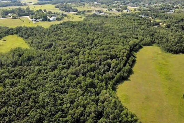 Aerial view of forested land with green fields and distant buildings under a blue sky. - 6 Pr 302 Highway S, Ste Anne Rm