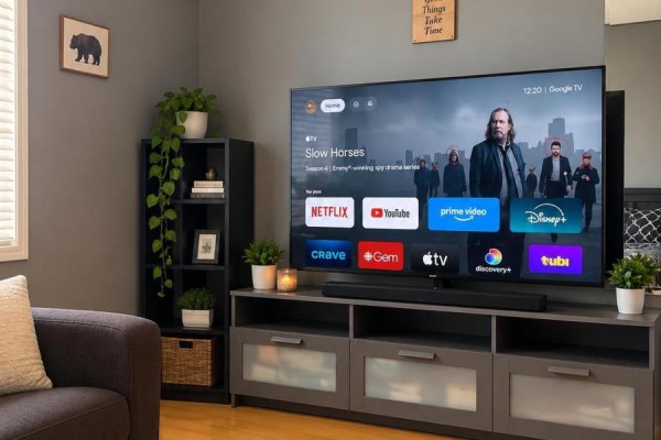 A living area with a large television displaying streaming service logos and a grey media console. - 6 Quincy Place N, Brampton