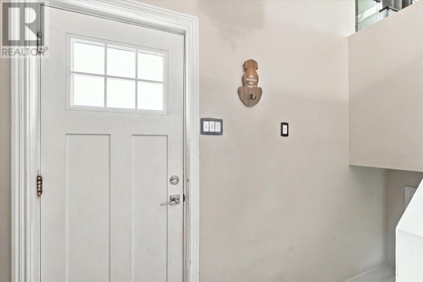 Close-up interior view of a white front door with a frosted glass window and light switches. - 6 Simcoe Drive, Mount Pearl