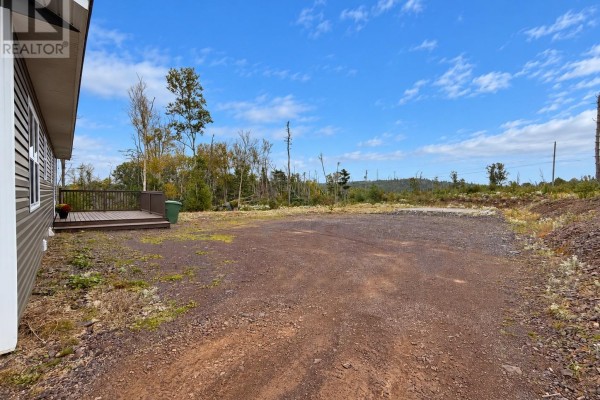 Side view of a house with a wooden deck leading to a gravel driveway and surrounding land. - 6 South West Crescent, Burin