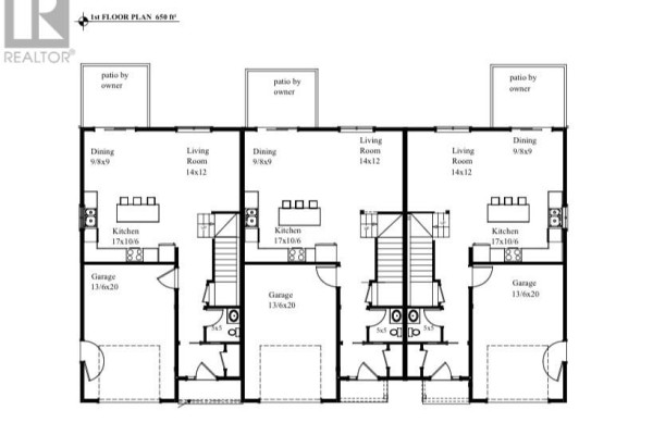 First floor uncolored floor plan of three townhomes showing room dimensions and layouts. - 6 Tulip Boulevard, Paradise