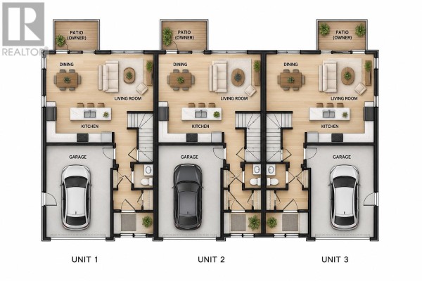 First floor colored floor plan of three townhomes showing furniture placement and room layouts. - 6 Tulip Boulevard, Paradise