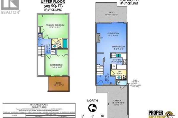 Floor plans for the two levels of the townhouse, including dimensions and room layouts. - 6012 Jake's Pl, Nanaimo