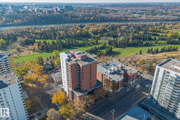 Entrance of Lebarchand Tower featuring brick facade and covered entryway. - #602 11503 100 Av Nw, Edmonton