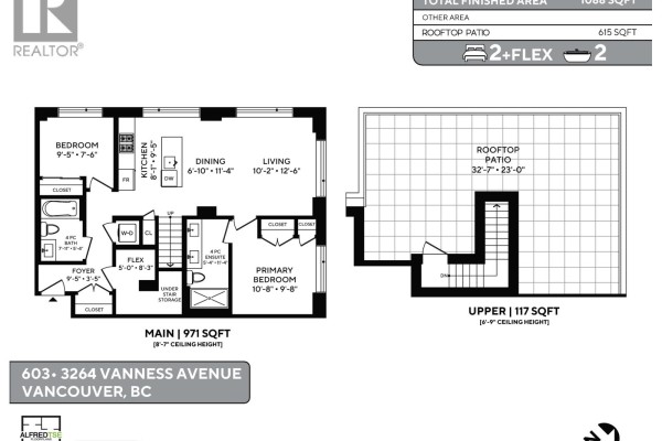 Floor plans for a main level apartment and an upper rooftop patio. - 603 3264 Vanness Street, Vancouver