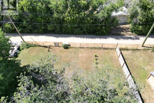 Aerial view of a grassy backyard with a wooden fence, a small gate, and trees. - 605 Railway Avenue, Trochu