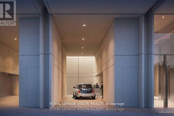 Building entrance with a white luxury sedan and two people exiting, set within large concrete columns. - 606 - 1315 Bay Street, Toronto