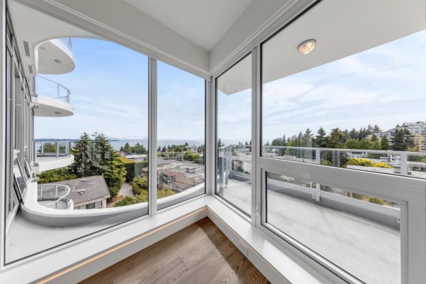 Contemporary bathroom featuring a marble tiled shower, bathtub, and dark wood vanity. - 606 1475 Foster Street, Surrey