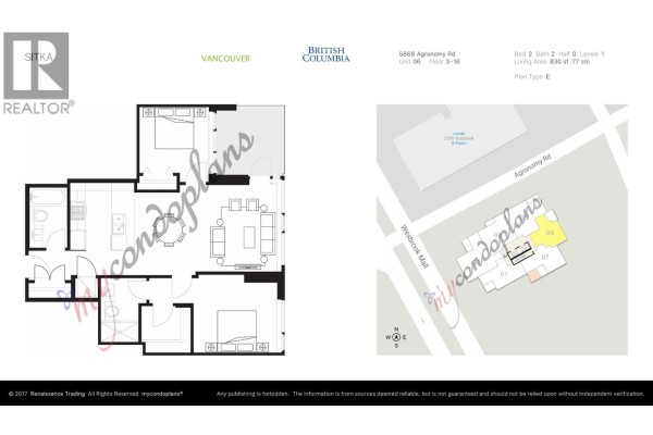 Two-bedroom apartment floor plan and building location map with unit 06 highlighted. - 606 5868 Agronomy Road, Vancouver
