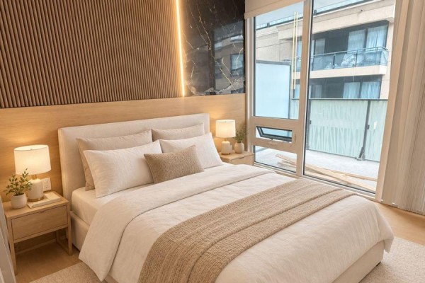A bedroom with a queen-size bed, wood-paneled wall, and large window. - 607 - 42 Charles Street, Toronto