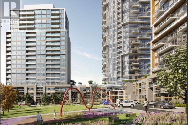 View of apartment buildings from the courtyard featuring a playground and green space. - 607 - 8010 Derry Road, Milton