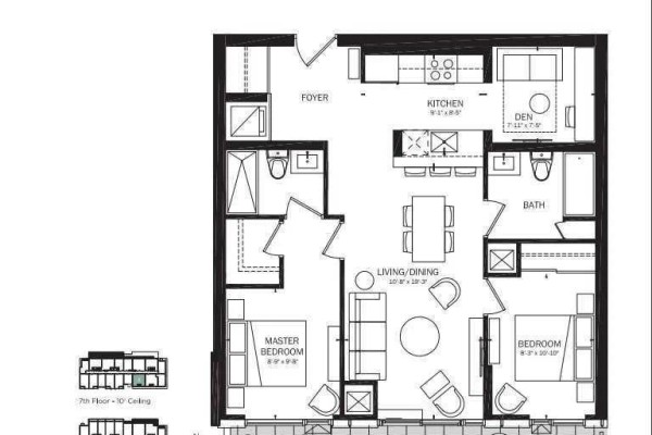 Floor plan of a two-bedroom apartment with a den, kitchen, living/dining area, and two bathrooms. - 608 - 1808 St Clair Avenue W, Toronto