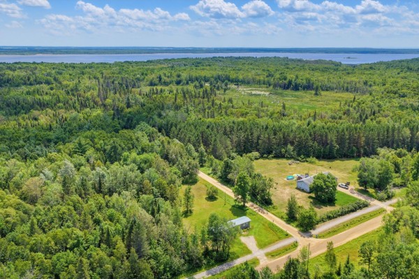 Aerial view of a residential property nestled within a vast, green forest, with a large lake visible on the horizon. - 608 Ch. Cottage, L Isle Aux Allumettes