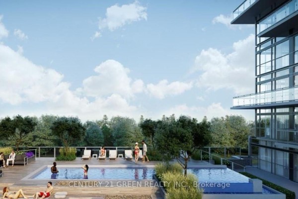 Rooftop pool area with lounge chairs and people swimming, adjacent to a modern apartment building. - 609 - 8020 Derry Road, Milton