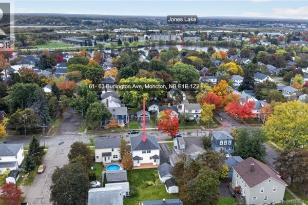 Aerial view of 61-63 Burlington Avenue Moncton, facing north towards Jones Lake. - 61-63 Burlington Avenue, Moncton