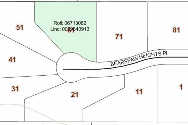 Close-up aerial map of the Bearspaw Heights Place cul-de-sac and surrounding lot lines. - 61 Bearspaw Heights Place, Rural Rocky View County