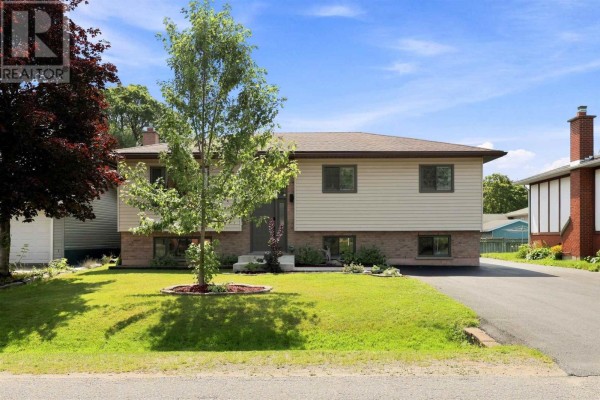 Front view of a beige and brick house with a lawn and a mature tree in front. - 61 Bristol Pl, Sault Ste  Marie