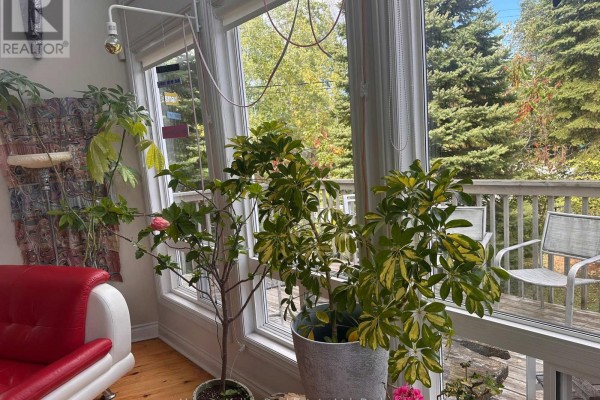 Sunroom with large windows, potted plants, and a red sofa next to a deck. - 61 Constance Blvd. Boulevard N, Wasaga Beach