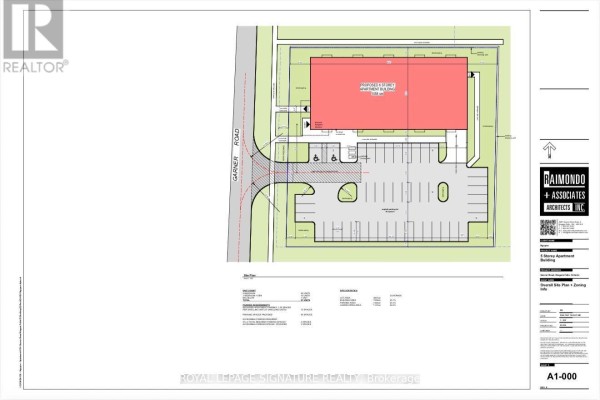 Aerial site plan rendering for a 5-story apartment building on Garner Road, showing parking lot, access roads, and building footprint. - 6104 Garner Road, Niagara Falls