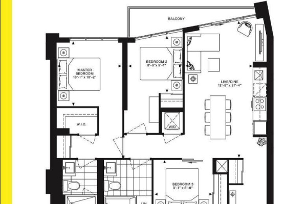 Floor plan showing a three-bedroom apartment with living/dining area, kitchen, W.I.C., bathroom, and balcony. - 611 - 36 Zorra Street, Toronto