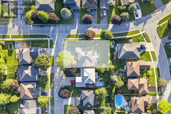 Aerial view of suburban homes with trees and an above-ground pool - 611 Rivermeade Avenue Kingston