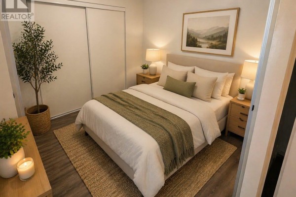 Bedroom with a queen-size bed, side tables, dresser, sliding closet, and framed landscape artwork on wall. - 614 - 1808 St Clair Avenue W, Toronto